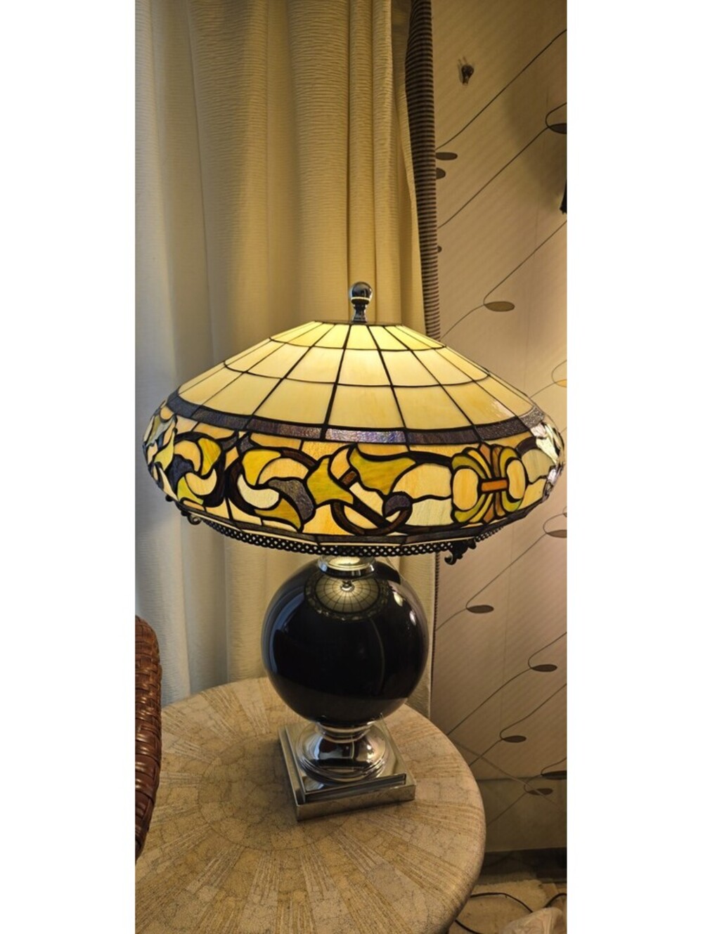 Stained Leaded Glass Lamp Shade Tiffany-Style, 10"H, 22"W VTG Green Gold Purple